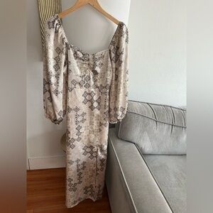 Gray Cottagecore Peasent Smoked Printed Ballon Sleeves Maxi Dress  S